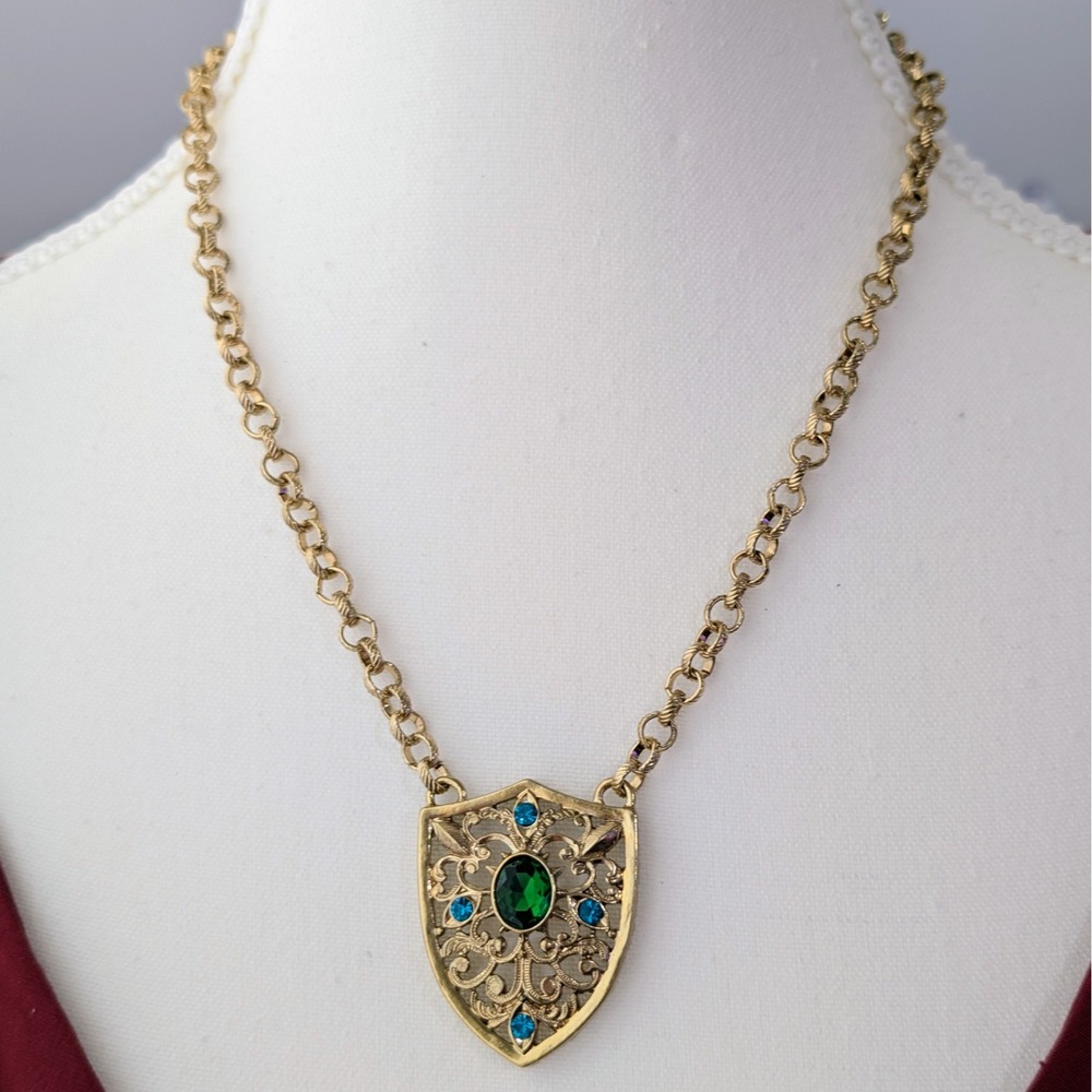 Vintage Style NWT 1928 Brand Heraldic Shield Gold Pendant Green Blue 19" LT144